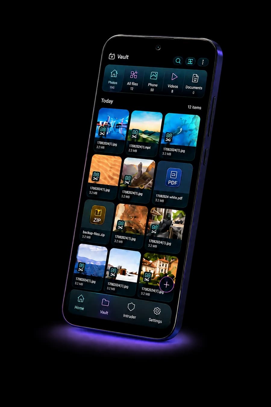 The Vaulteon vault on an Android phone, showing hidden photos, a PDF and an archive
